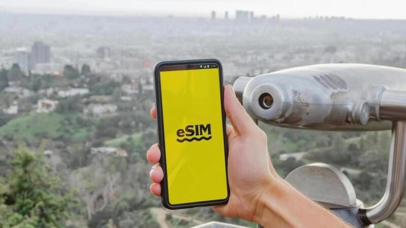 esim vs sim - una mano che tiene un telefono con sfondo una città